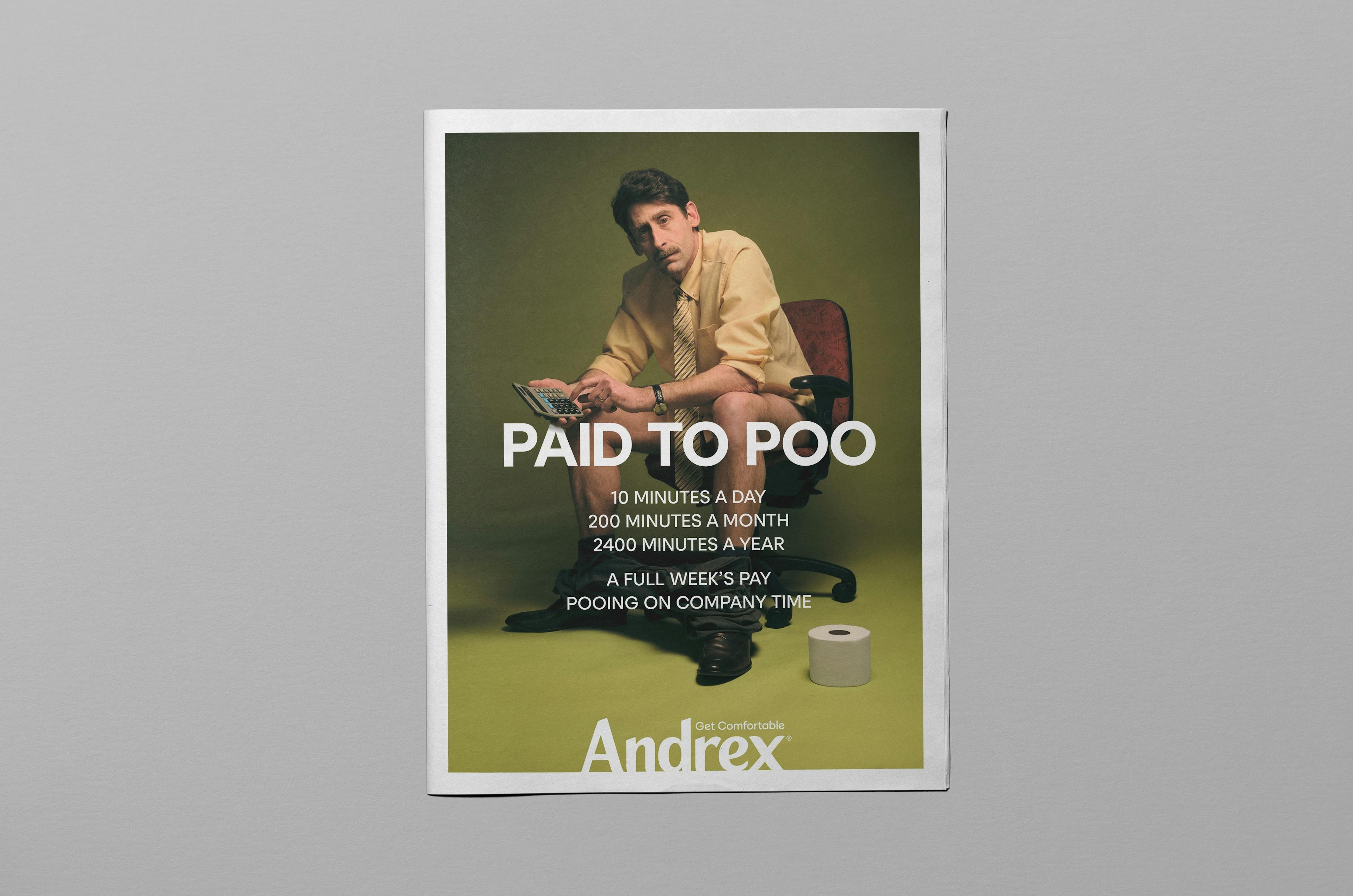 Man sitting in an office environment with a contemplative expression, alongside text promoting financial gain from bathroom breaks, for an Andrex advertisement.